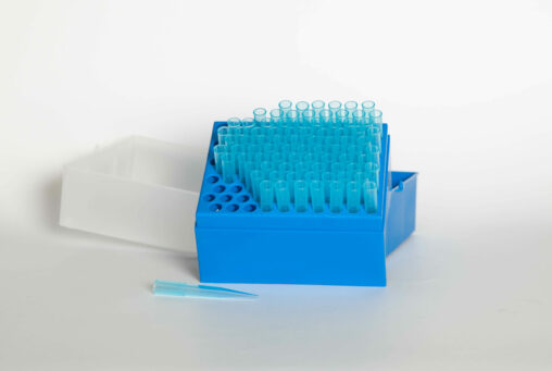 Many tips for volume pipettes organized in a rack.