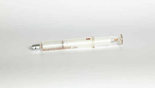 A Luer lock glass syringe.