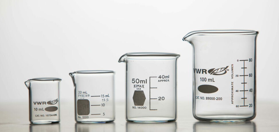 Four different sizes of Pyrex beakers.