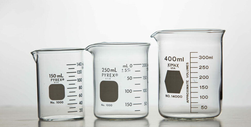 Three different sizes of Pyrex beakers.