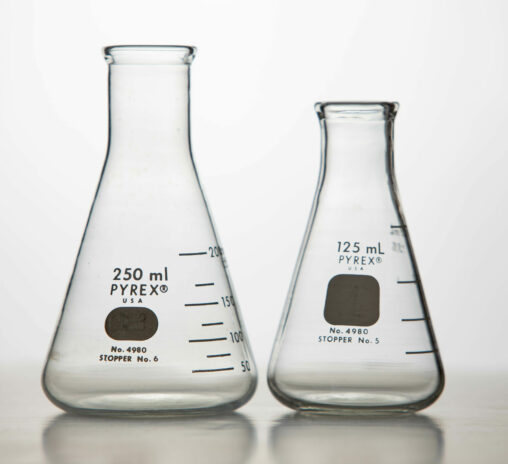 Two different sizes of Erlenmeyer flasks.