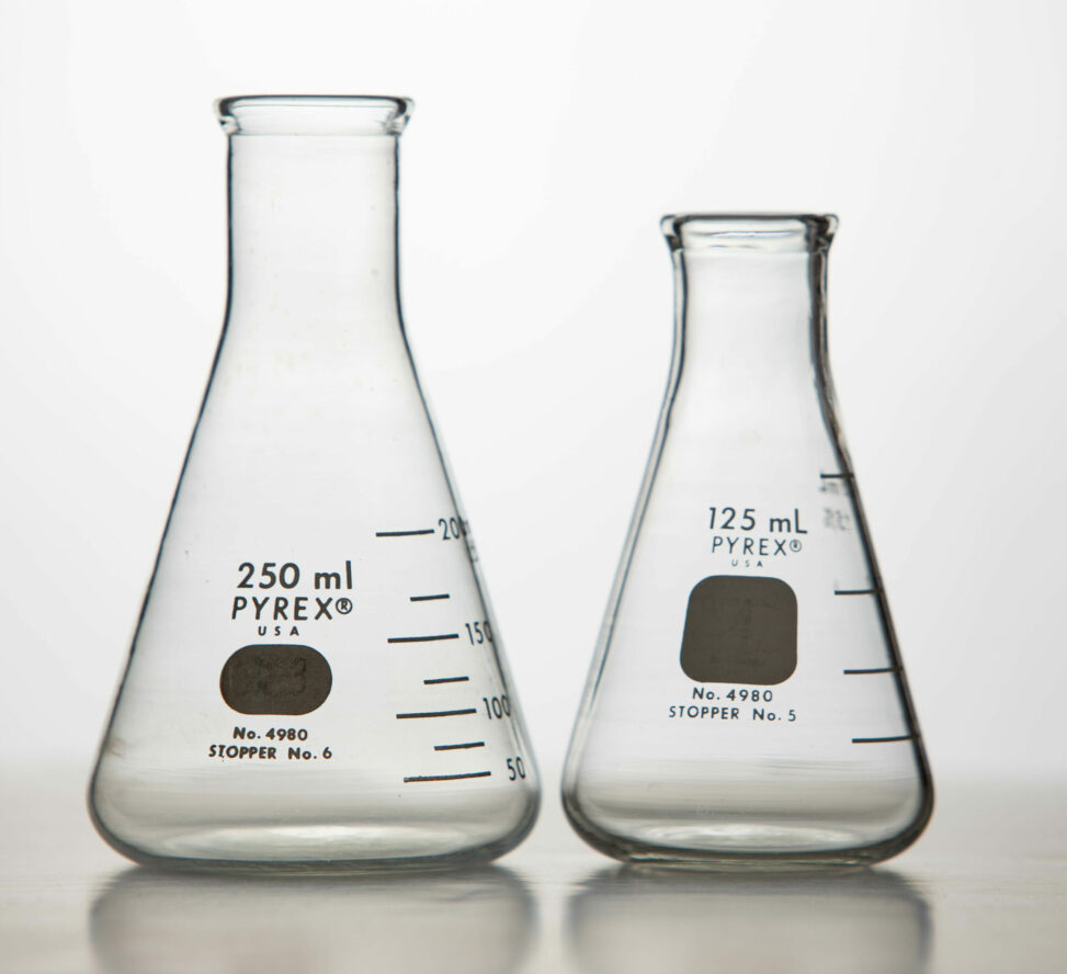 Two different sizes of Erlenmeyer flasks.