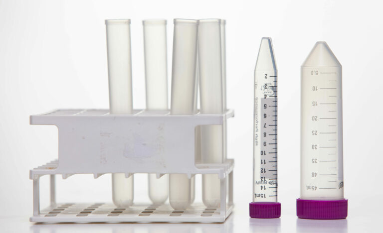 Six plastic test tubes sitting in a plastic test tube rack. Two different sizes of plastic centrifuge tubes with purple stoppers sit upside down beside the rack.