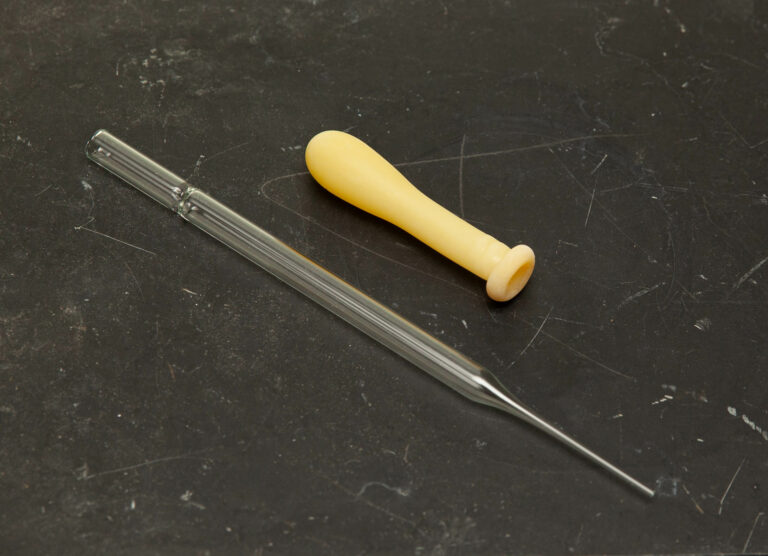 A disposable glass Pastuer transfer pipette beside a pipette bulb.