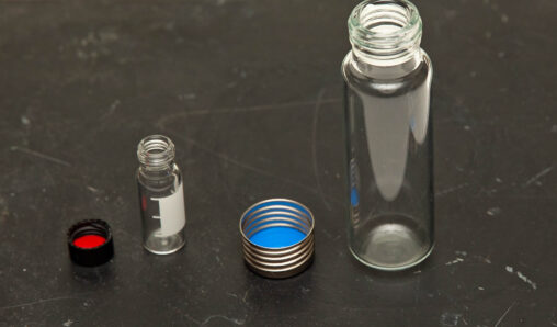 Two different sizes of glass GC autosampler vials.